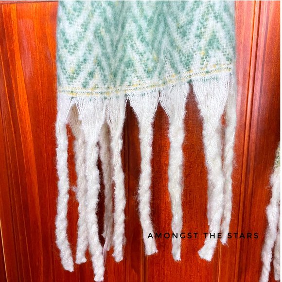 Green, Yellow & White Geometric Chevron Fringe Blanket Scarf - Picture 5 of 7